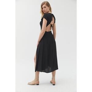 Urban Outfitters Lindsey Cap Sleeve Black Midi Sheer Dress Open Back Slit XS